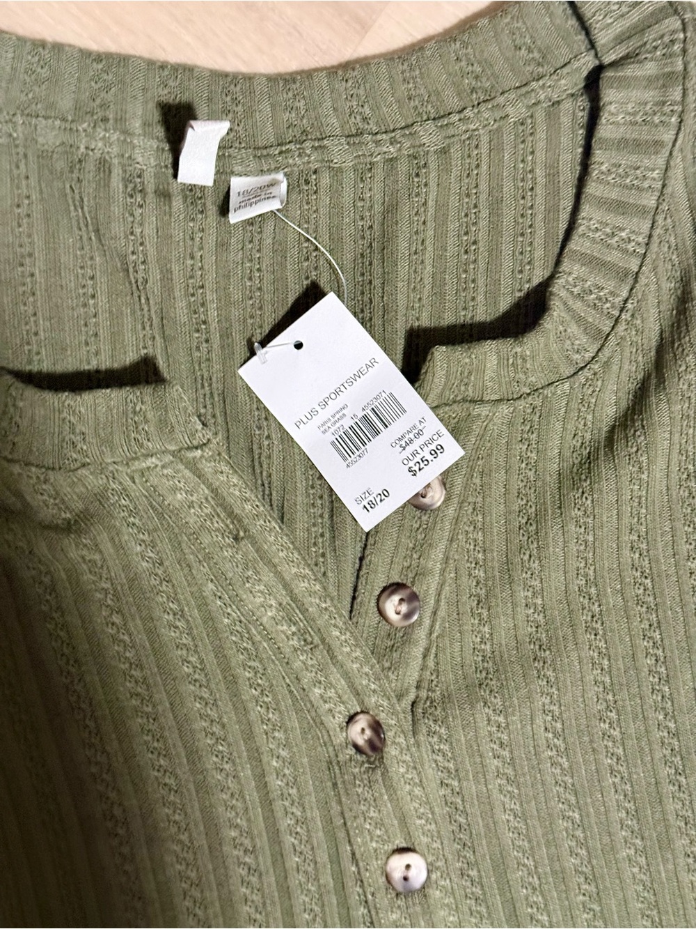 Cato Brand Plus Sportswear Ribbed Henley Top in Olive Green NWT!!